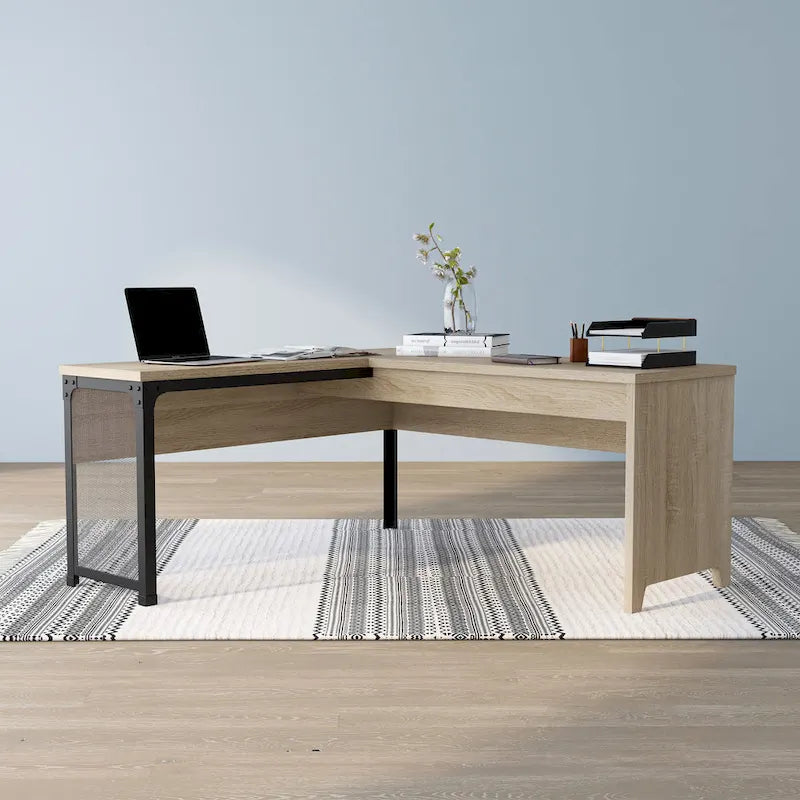 Bureau d'angle industriel à plateau relevable en chêne naturel avec cadre en fer, 65 po