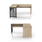 Bureau d'angle industriel à plateau relevable en chêne naturel avec cadre en fer, 65 po