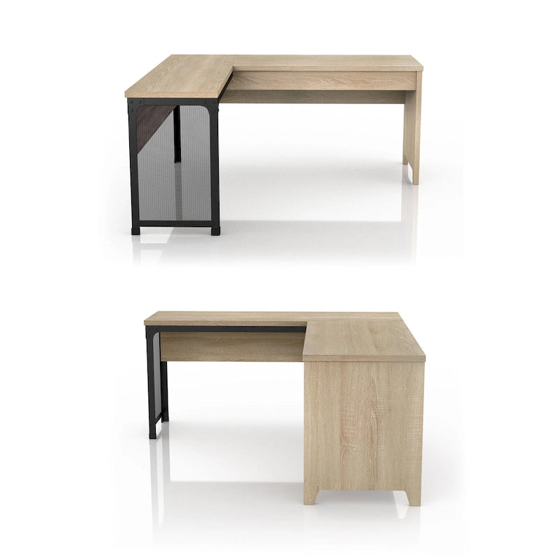 Bureau d'angle industriel à plateau relevable en chêne naturel avec cadre en fer, 65 po