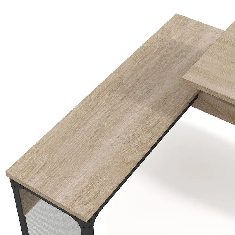 Bureau d'angle industriel à plateau relevable en chêne naturel avec cadre en fer, 65 po