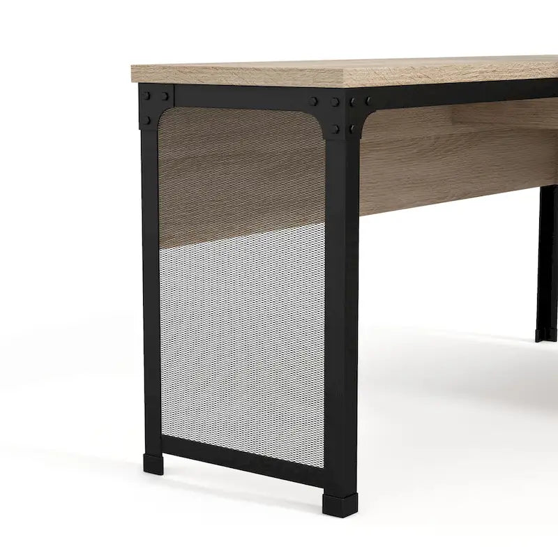 Bureau d'angle industriel à plateau relevable en chêne naturel avec cadre en fer, 65 po
