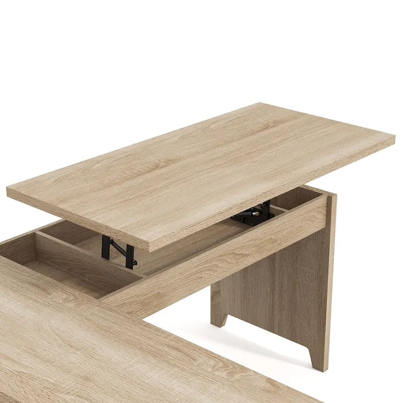Bureau d'angle industriel à plateau relevable en chêne naturel avec cadre en fer, 65 po