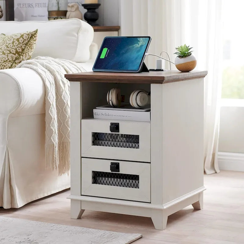 Table de chevet rustique avec station de charge, Bois de grange / Chêne / Blanc antique, 2 tiroirs, Simple