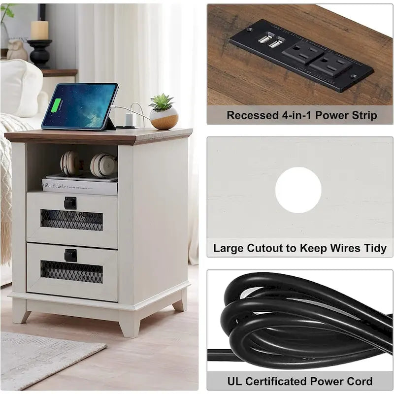 Table de chevet rustique avec station de charge, Bois de grange / Chêne / Blanc antique, 2 tiroirs, Simple