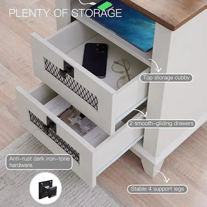 Table de chevet rustique avec station de charge, Bois de grange / Chêne / Blanc antique, 2 tiroirs, Simple