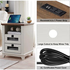 Table de chevet rustique avec station de charge, Bois de grange / Chêne / Blanc antique, 2 tiroirs, Simple