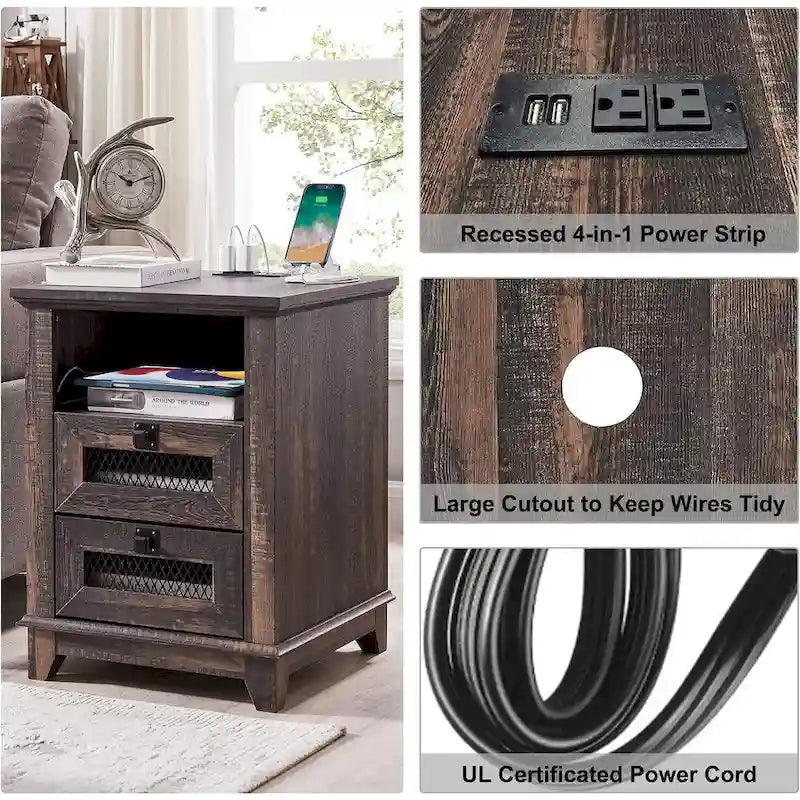 Table de chevet rustique avec station de charge, Bois de grange / Chêne / Blanc antique, 2 tiroirs, Simple
