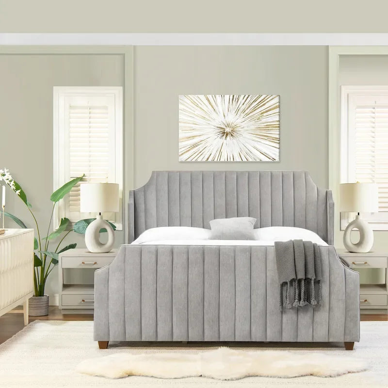 Cadre de lit King Channel Tufted Winged Panel, Blanc / Gris Argent, Transitionnel, Pour 2