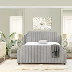 Cadre de lit King Channel Tufted Winged Panel, Blanc / Gris Argent, Transitionnel, Pour 2