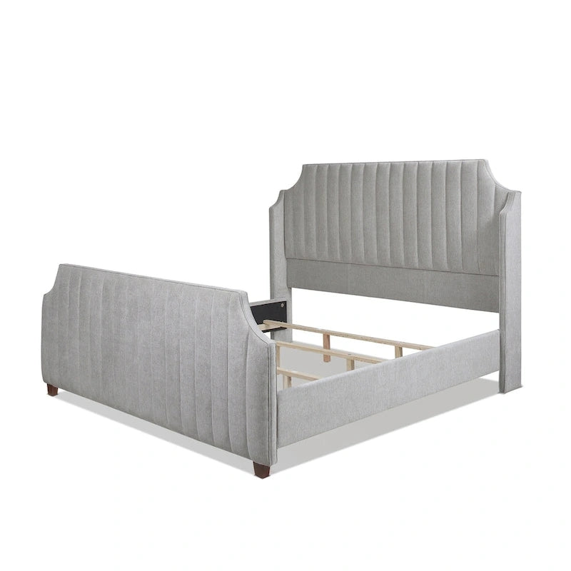 Cadre de lit King Channel Tufted Winged Panel, Blanc / Gris Argent, Transitionnel, Pour 2