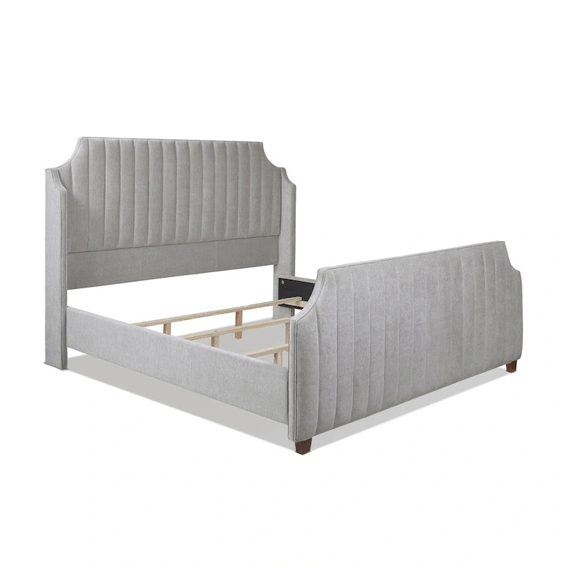 Cadre de lit King Channel Tufted Winged Panel, Blanc / Gris Argent, Transitionnel, Pour 2