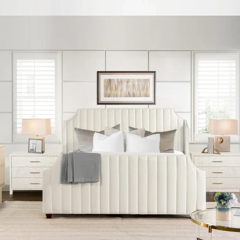 Cadre de lit King Channel Tufted Winged Panel, Blanc / Gris Argent, Transitionnel, Pour 2
