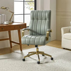 Fauteuil de bureau pivotant en similicuir style Mid-Century avec surpiqûres en canal et base en métal doré, coloris Camel / Marron / Noir / Vert / Ivoire / Bleu marine, simple