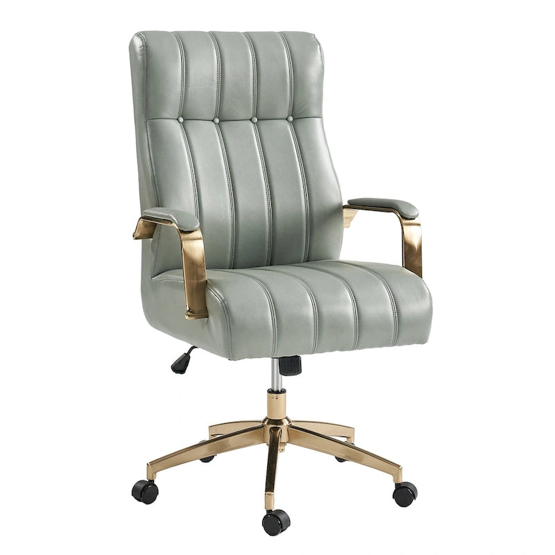 Fauteuil de bureau pivotant en similicuir style Mid-Century avec surpiqûres en canal et base en métal doré, coloris Camel / Marron / Noir / Vert / Ivoire / Bleu marine, simple