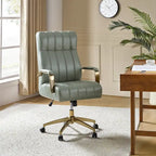 Fauteuil de bureau pivotant en similicuir style Mid-Century avec surpiqûres en canal et base en métal doré, coloris Camel / Marron / Noir / Vert / Ivoire / Bleu marine, simple