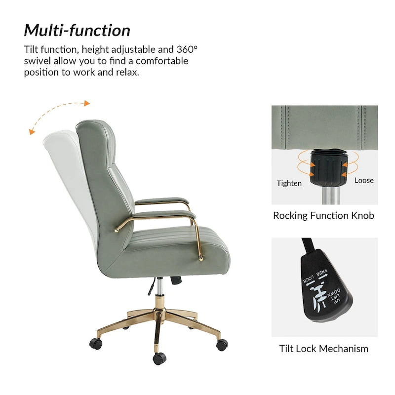 Fauteuil de bureau pivotant en similicuir style Mid-Century avec surpiqûres en canal et base en métal doré, coloris Camel / Marron / Noir / Vert / Ivoire / Bleu marine, simple