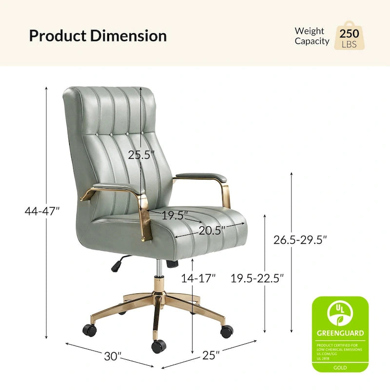 Fauteuil de bureau pivotant en similicuir style Mid-Century avec surpiqûres en canal et base en métal doré, coloris Camel / Marron / Noir / Vert / Ivoire / Bleu marine, simple