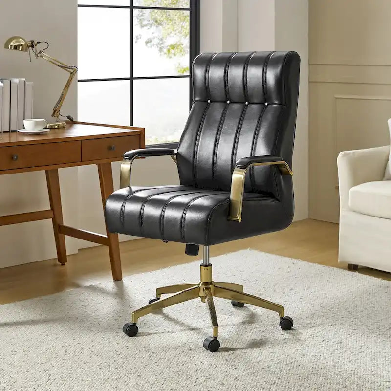 Fauteuil de bureau pivotant en similicuir style Mid-Century avec surpiqûres en canal et base en métal doré, coloris Camel / Marron / Noir / Vert / Ivoire / Bleu marine, simple