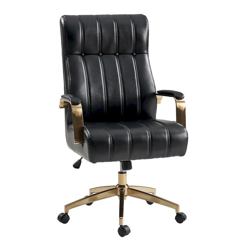 Fauteuil de bureau pivotant en similicuir style Mid-Century avec surpiqûres en canal et base en métal doré, coloris Camel / Marron / Noir / Vert / Ivoire / Bleu marine, simple