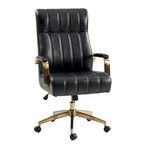 Fauteuil de bureau pivotant en similicuir style Mid-Century avec surpiqûres en canal et base en métal doré, coloris Camel / Marron / Noir / Vert / Ivoire / Bleu marine, simple
