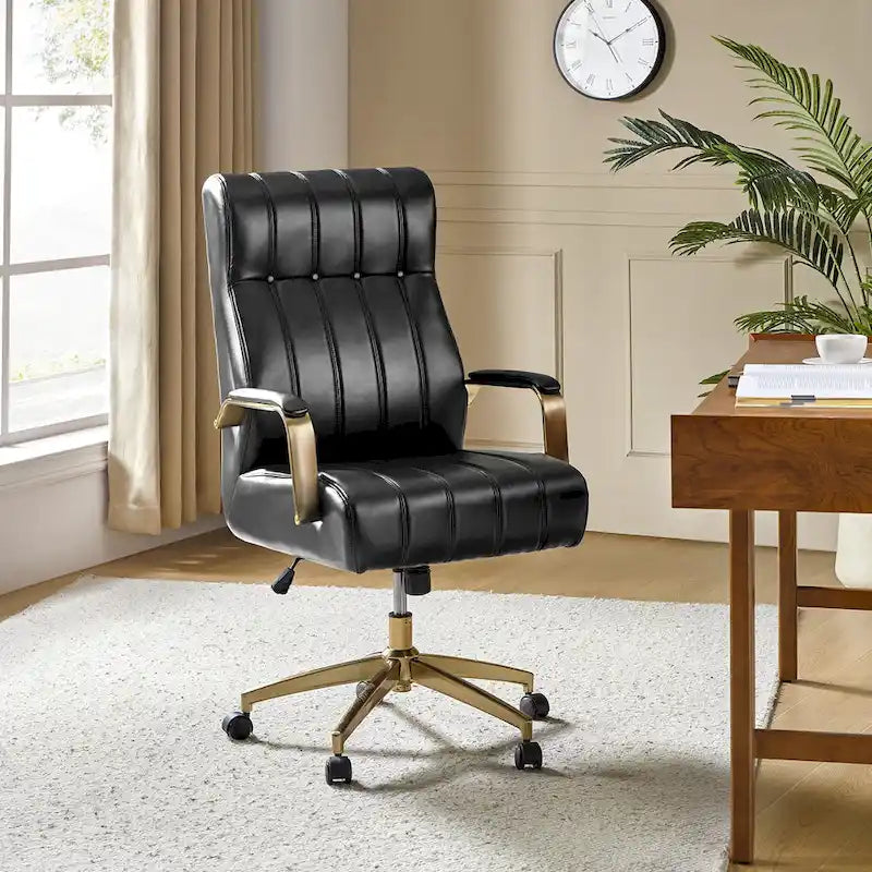 Fauteuil de bureau pivotant en similicuir style Mid-Century avec surpiqûres en canal et base en métal doré, coloris Camel / Marron / Noir / Vert / Ivoire / Bleu marine, simple