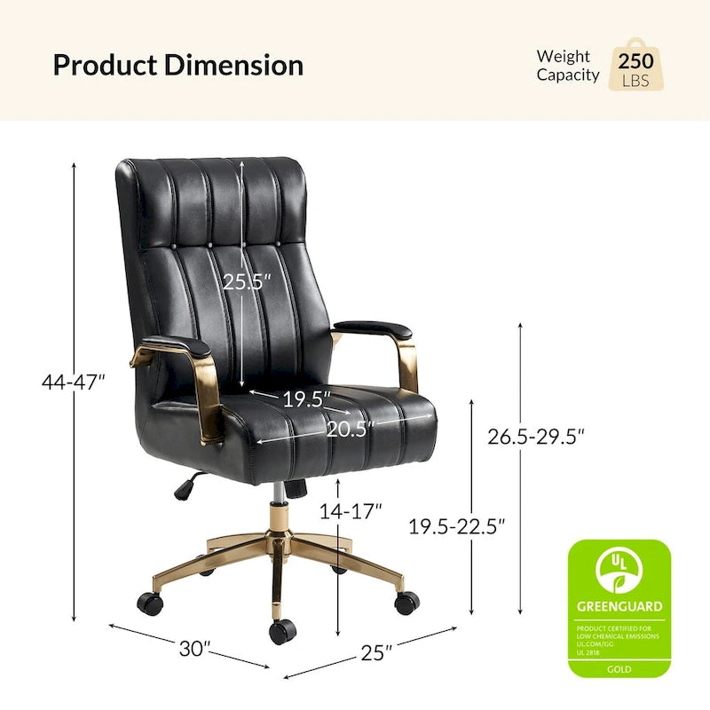 Fauteuil de bureau pivotant en similicuir style Mid-Century avec surpiqûres en canal et base en métal doré, coloris Camel / Marron / Noir / Vert / Ivoire / Bleu marine, simple