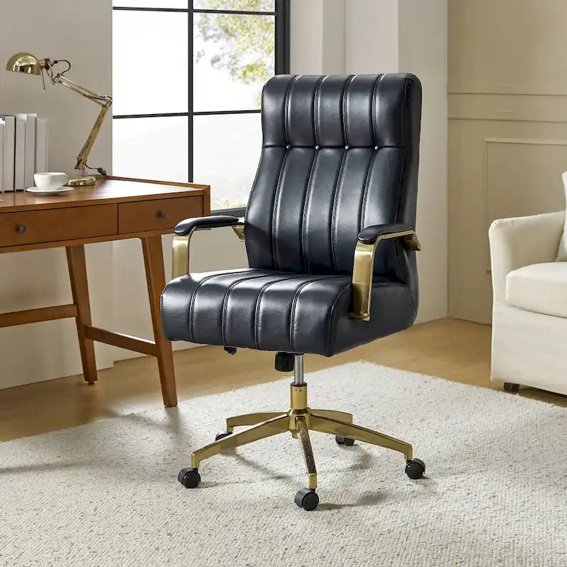Fauteuil de bureau pivotant en similicuir style Mid-Century avec surpiqûres en canal et base en métal doré, coloris Camel / Marron / Noir / Vert / Ivoire / Bleu marine, simple