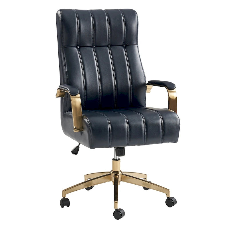 Fauteuil de bureau pivotant en similicuir style Mid-Century avec surpiqûres en canal et base en métal doré, coloris Camel / Marron / Noir / Vert / Ivoire / Bleu marine, simple
