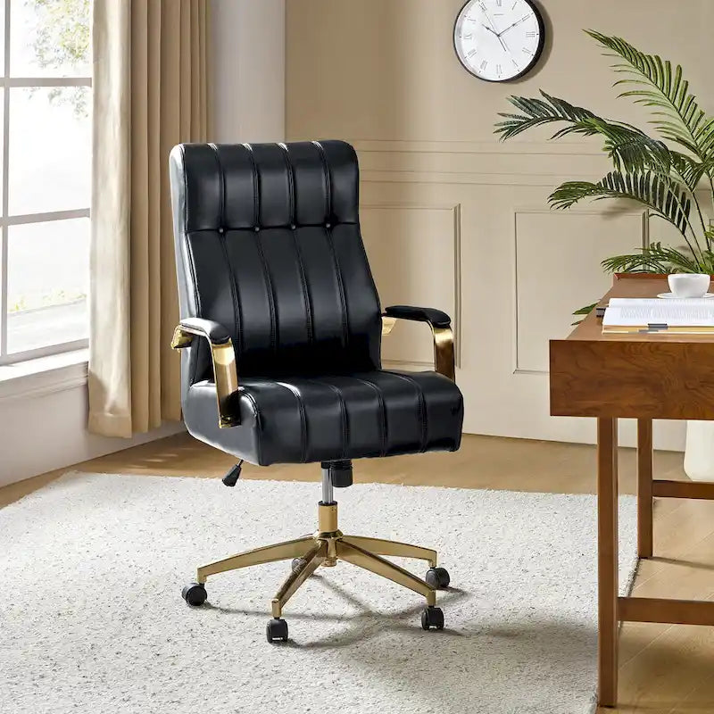 Fauteuil de bureau pivotant en similicuir style Mid-Century avec surpiqûres en canal et base en métal doré, coloris Camel / Marron / Noir / Vert / Ivoire / Bleu marine, simple