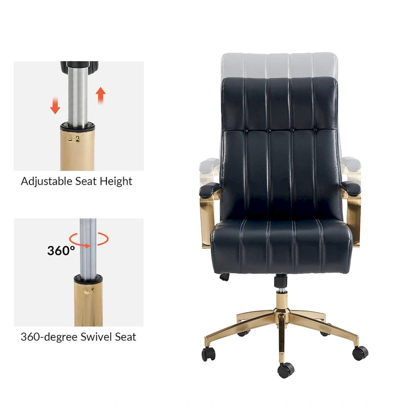 Fauteuil de bureau pivotant en similicuir style Mid-Century avec surpiqûres en canal et base en métal doré, coloris Camel / Marron / Noir / Vert / Ivoire / Bleu marine, simple