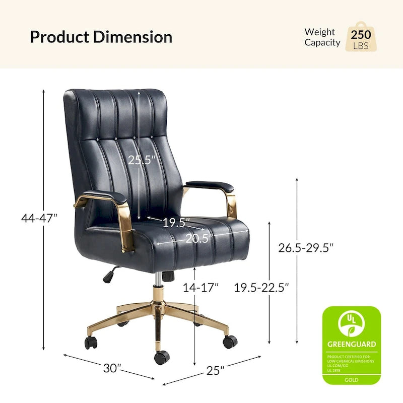 Fauteuil de bureau pivotant en similicuir style Mid-Century avec surpiqûres en canal et base en métal doré, coloris Camel / Marron / Noir / Vert / Ivoire / Bleu marine, simple
