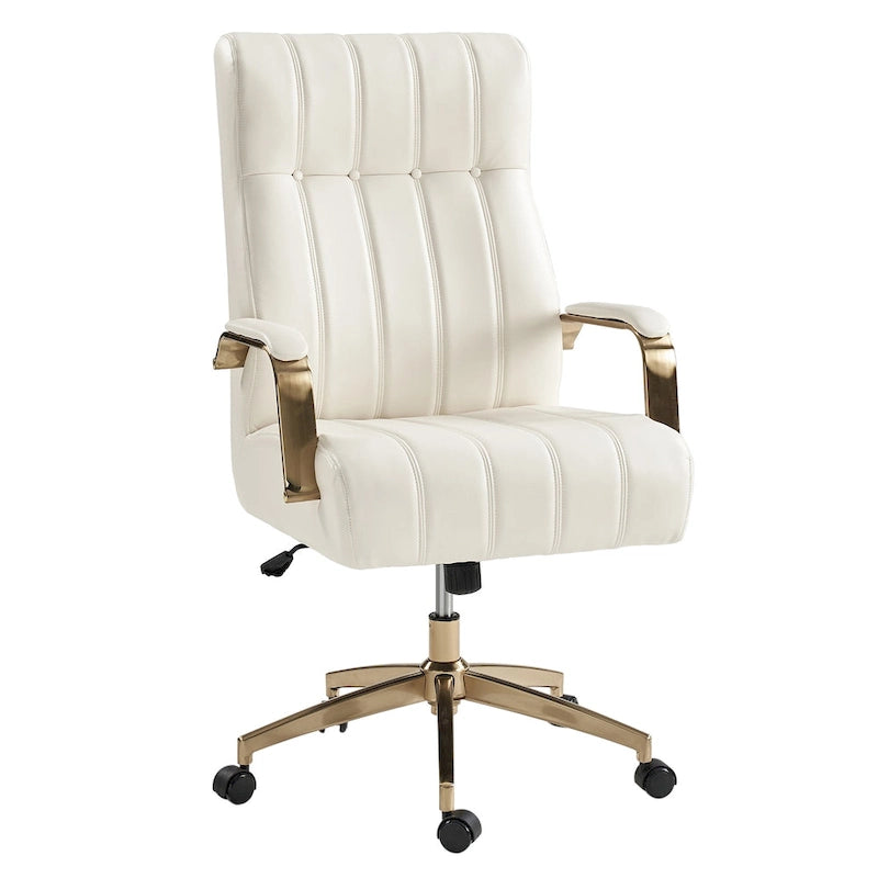 Fauteuil de bureau pivotant en similicuir style Mid-Century avec surpiqûres en canal et base en métal doré, coloris Camel / Marron / Noir / Vert / Ivoire / Bleu marine, simple