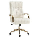 Fauteuil de bureau pivotant en similicuir style Mid-Century avec surpiqûres en canal et base en métal doré, coloris Camel / Marron / Noir / Vert / Ivoire / Bleu marine, simple