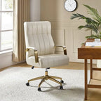 Fauteuil de bureau pivotant en similicuir style Mid-Century avec surpiqûres en canal et base en métal doré, coloris Camel / Marron / Noir / Vert / Ivoire / Bleu marine, simple