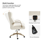 Fauteuil de bureau pivotant en similicuir style Mid-Century avec surpiqûres en canal et base en métal doré, coloris Camel / Marron / Noir / Vert / Ivoire / Bleu marine, simple