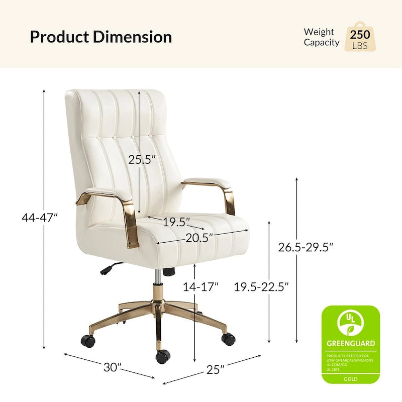 Fauteuil de bureau pivotant en similicuir style Mid-Century avec surpiqûres en canal et base en métal doré, coloris Camel / Marron / Noir / Vert / Ivoire / Bleu marine, simple