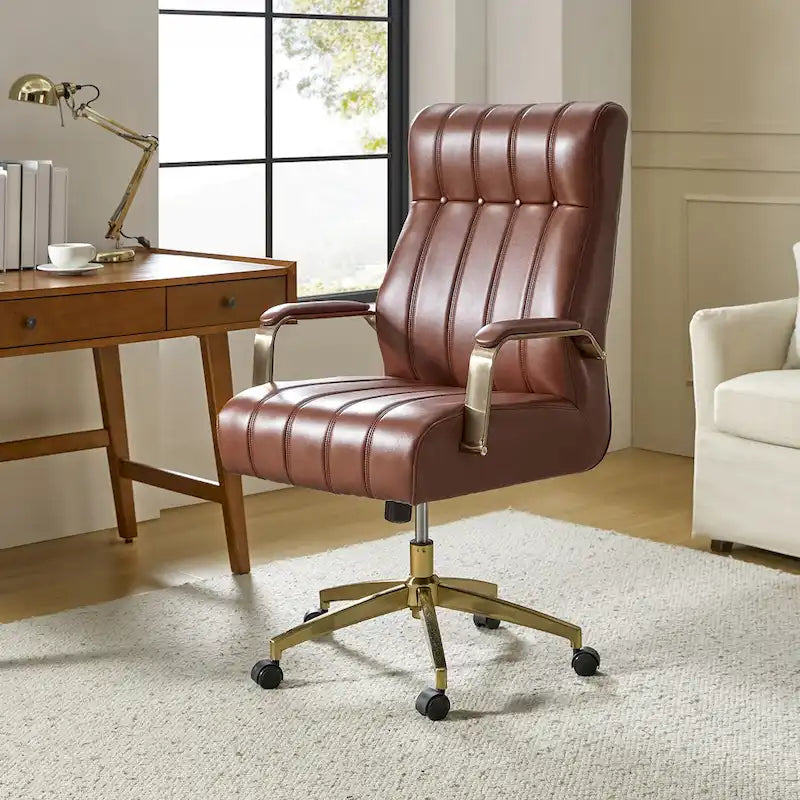 Fauteuil de bureau pivotant en similicuir style Mid-Century avec surpiqûres en canal et base en métal doré, coloris Camel / Marron / Noir / Vert / Ivoire / Bleu marine, simple