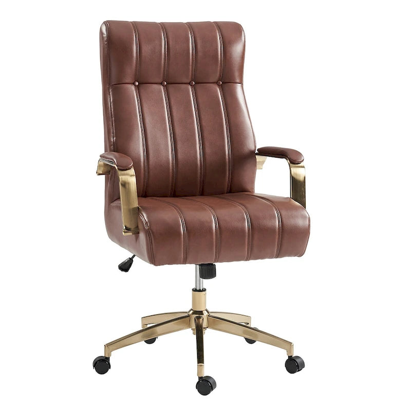 Fauteuil de bureau pivotant en similicuir style Mid-Century avec surpiqûres en canal et base en métal doré, coloris Camel / Marron / Noir / Vert / Ivoire / Bleu marine, simple