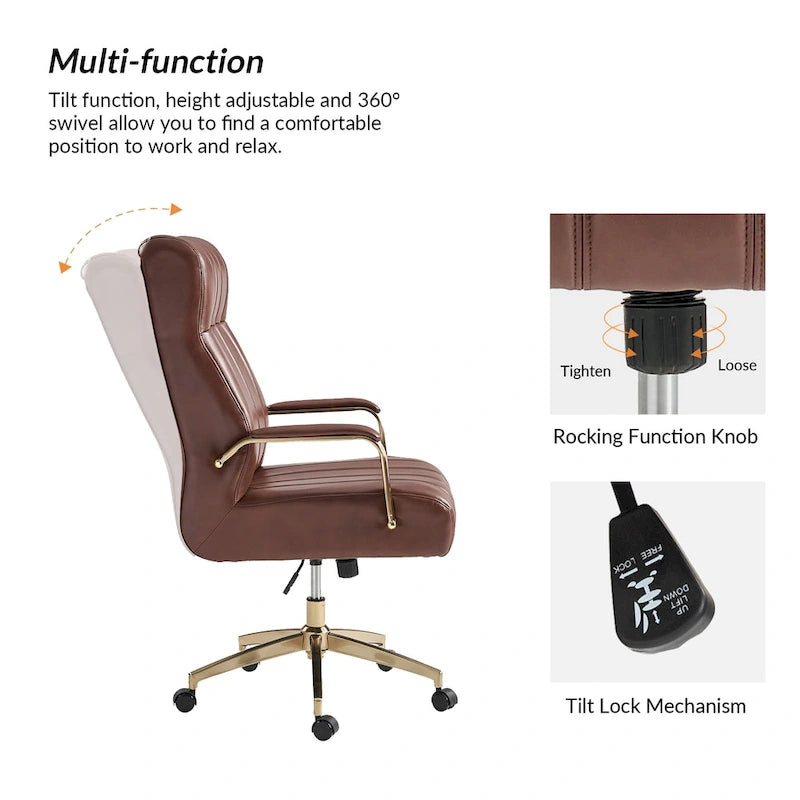 Fauteuil de bureau pivotant en similicuir style Mid-Century avec surpiqûres en canal et base en métal doré, coloris Camel / Marron / Noir / Vert / Ivoire / Bleu marine, simple