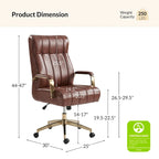 Fauteuil de bureau pivotant en similicuir style Mid-Century avec surpiqûres en canal et base en métal doré, coloris Camel / Marron / Noir / Vert / Ivoire / Bleu marine, simple