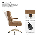 Fauteuil de bureau pivotant en similicuir style Mid-Century avec surpiqûres en canal et base en métal doré, coloris Camel / Marron / Noir / Vert / Ivoire / Bleu marine, simple