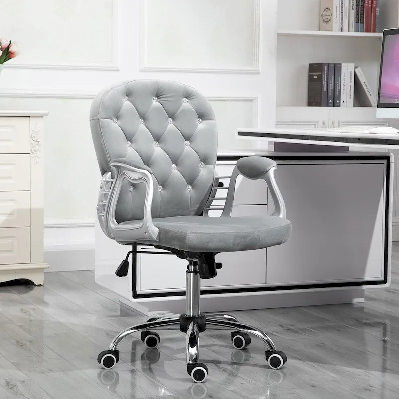 Chaise de bureau pivotante mi-dossier en velours touffeté gris/noir/beige/blanc/rose avec dossier en cristal et accoudoirs réglables, simple
