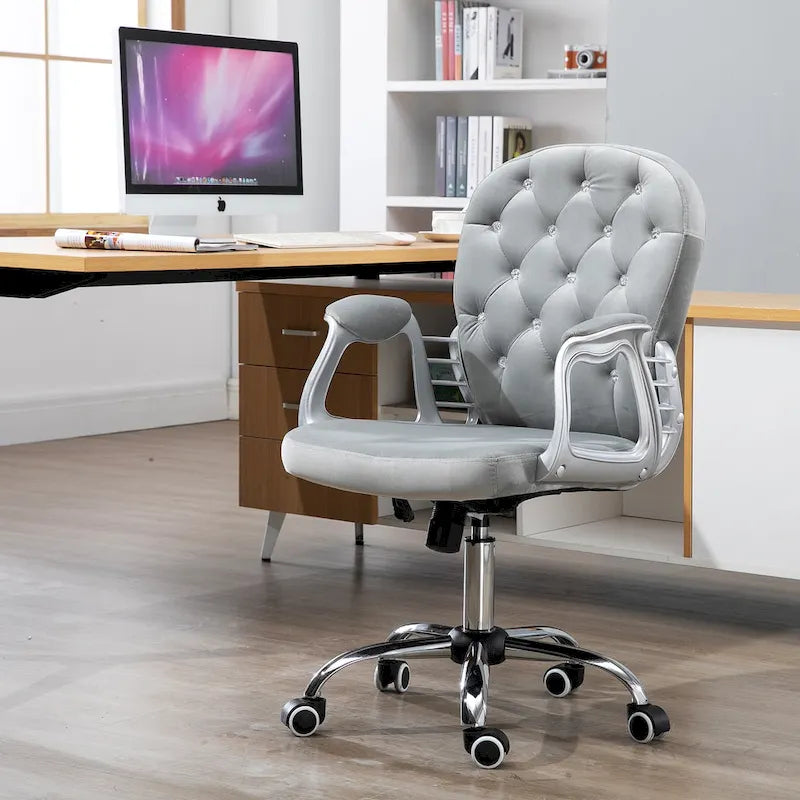 Chaise de bureau pivotante mi-dossier en velours touffeté gris/noir/beige/blanc/rose avec dossier en cristal et accoudoirs réglables, simple