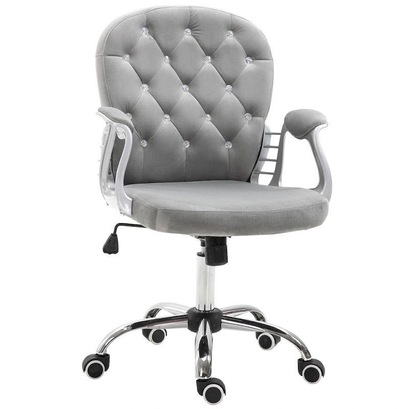 Chaise de bureau pivotante mi-dossier en velours touffeté gris/noir/beige/blanc/rose avec dossier en cristal et accoudoirs réglables, simple