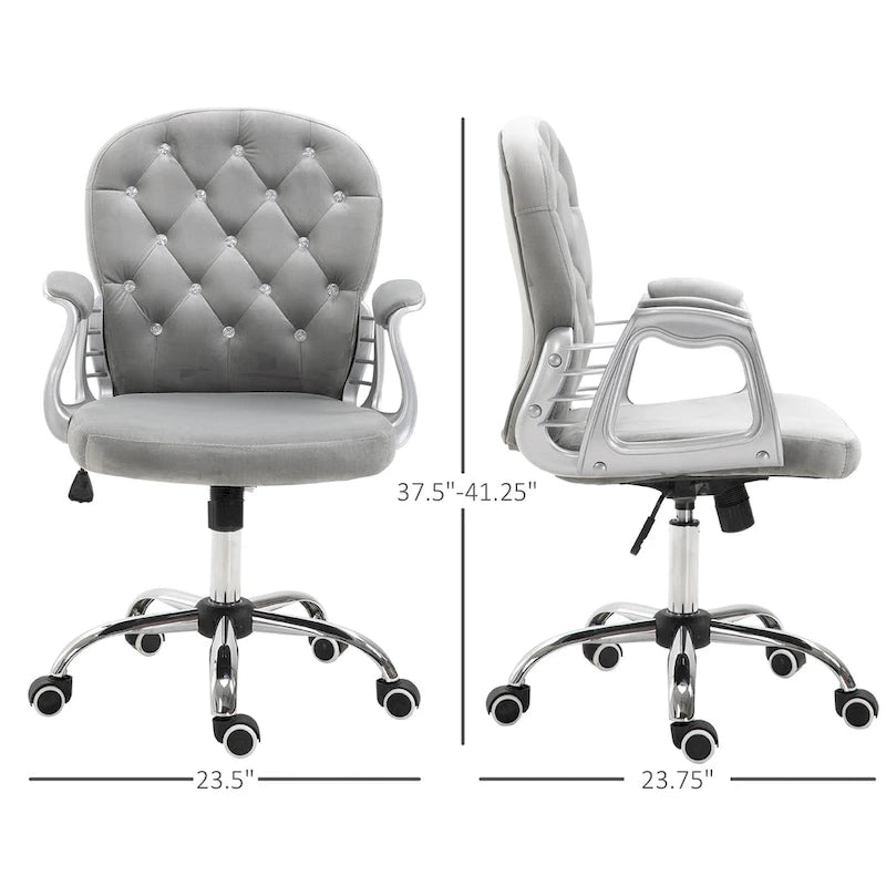 Chaise de bureau pivotante mi-dossier en velours touffeté gris/noir/beige/blanc/rose avec dossier en cristal et accoudoirs réglables, simple