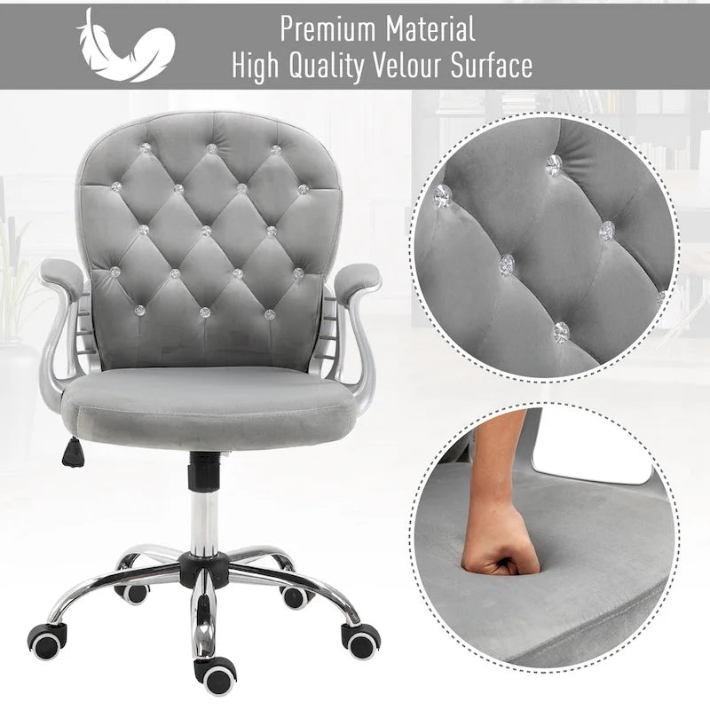 Chaise de bureau pivotante mi-dossier en velours touffeté gris/noir/beige/blanc/rose avec dossier en cristal et accoudoirs réglables, simple
