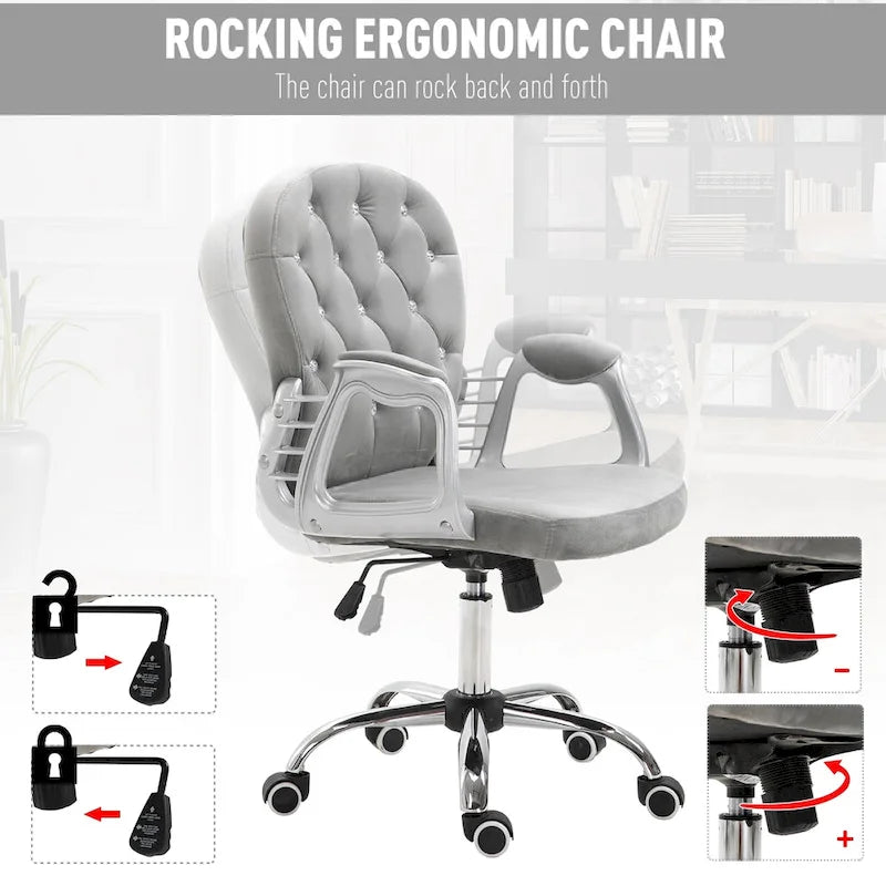 Chaise de bureau pivotante mi-dossier en velours touffeté gris/noir/beige/blanc/rose avec dossier en cristal et accoudoirs réglables, simple