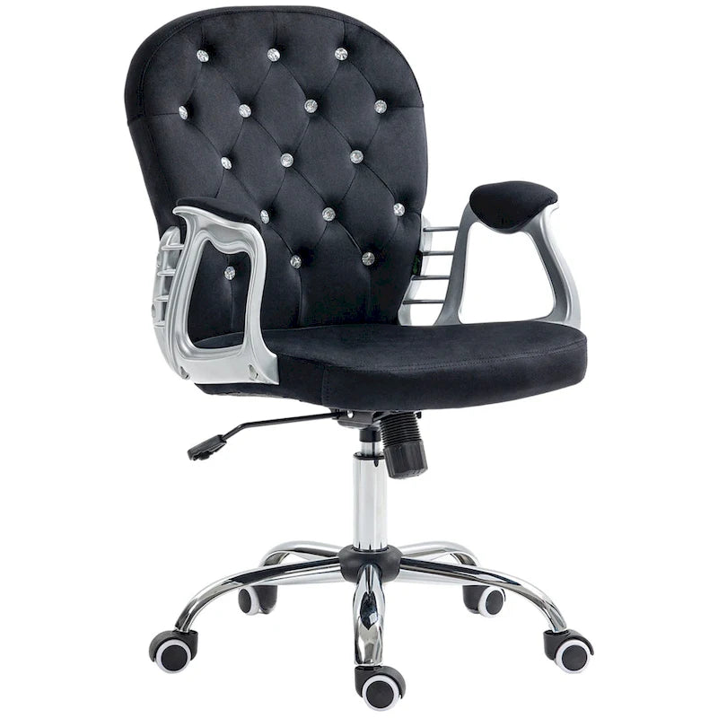 Chaise de bureau pivotante mi-dossier en velours touffeté gris/noir/beige/blanc/rose avec dossier en cristal et accoudoirs réglables, simple