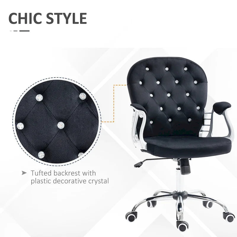 Chaise de bureau pivotante mi-dossier en velours touffeté gris/noir/beige/blanc/rose avec dossier en cristal et accoudoirs réglables, simple