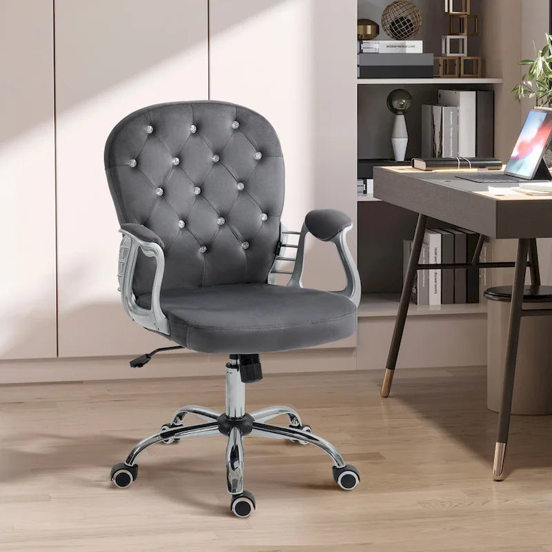 Chaise de bureau pivotante mi-dossier en velours touffeté gris/noir/beige/blanc/rose avec dossier en cristal et accoudoirs réglables, simple